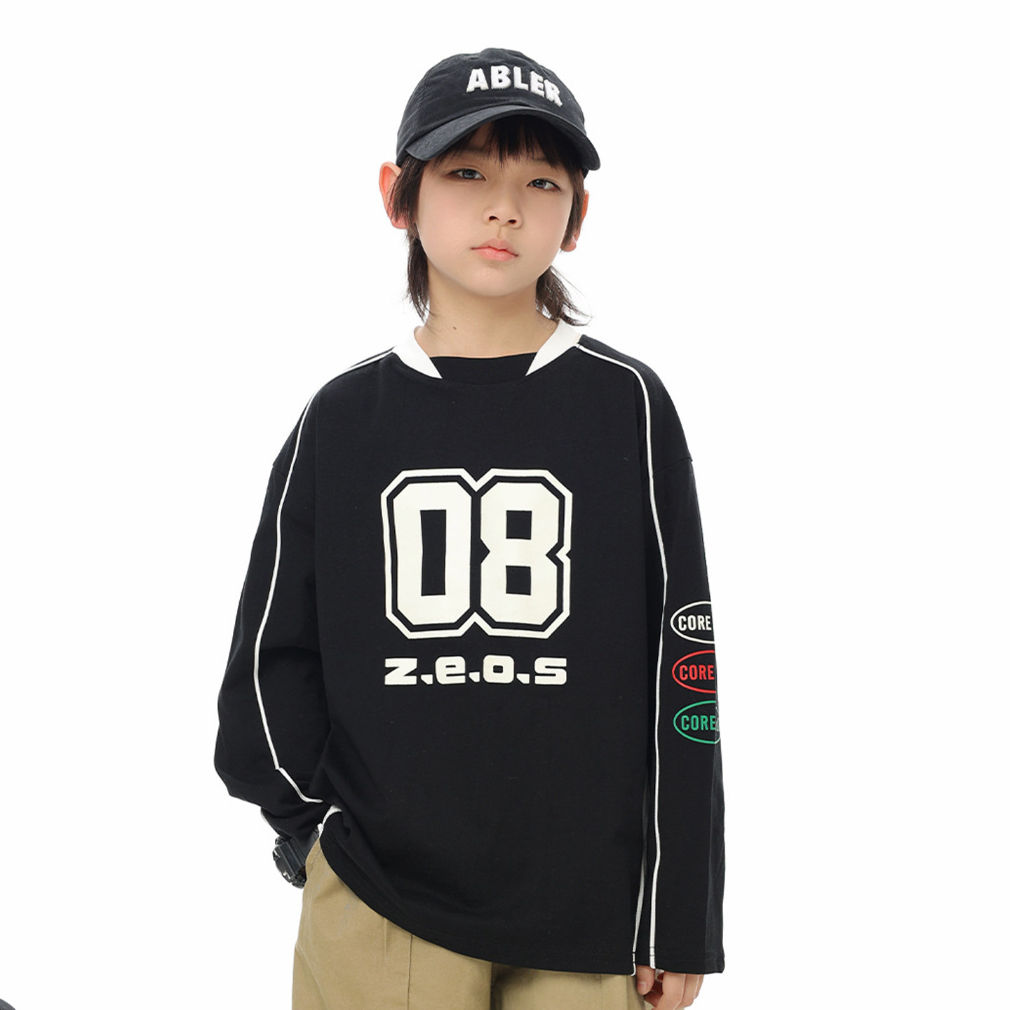 男童立体剪裁赛车风宽松长袖T恤儿童帅气拼色数字球服打底衫上衣