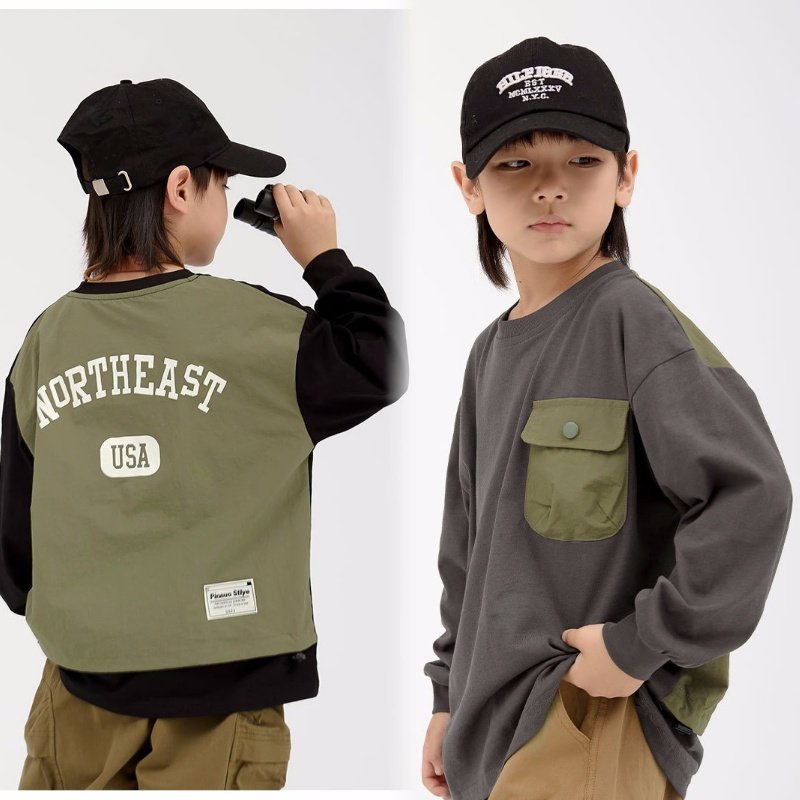 儿童假两件设计洋气卫衣日系男童秋装撞色休闲T恤口袋上衣打底衫,童装/婴儿装/亲子装,T恤,淘宝优惠券,粉丝福利购,淘宝优惠卷