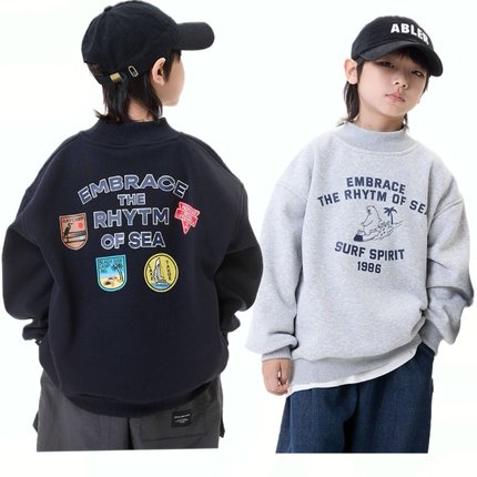 儿童日系一体绒保暖卫衣男童冬季卡通印花半高领加绒加厚打底衫潮