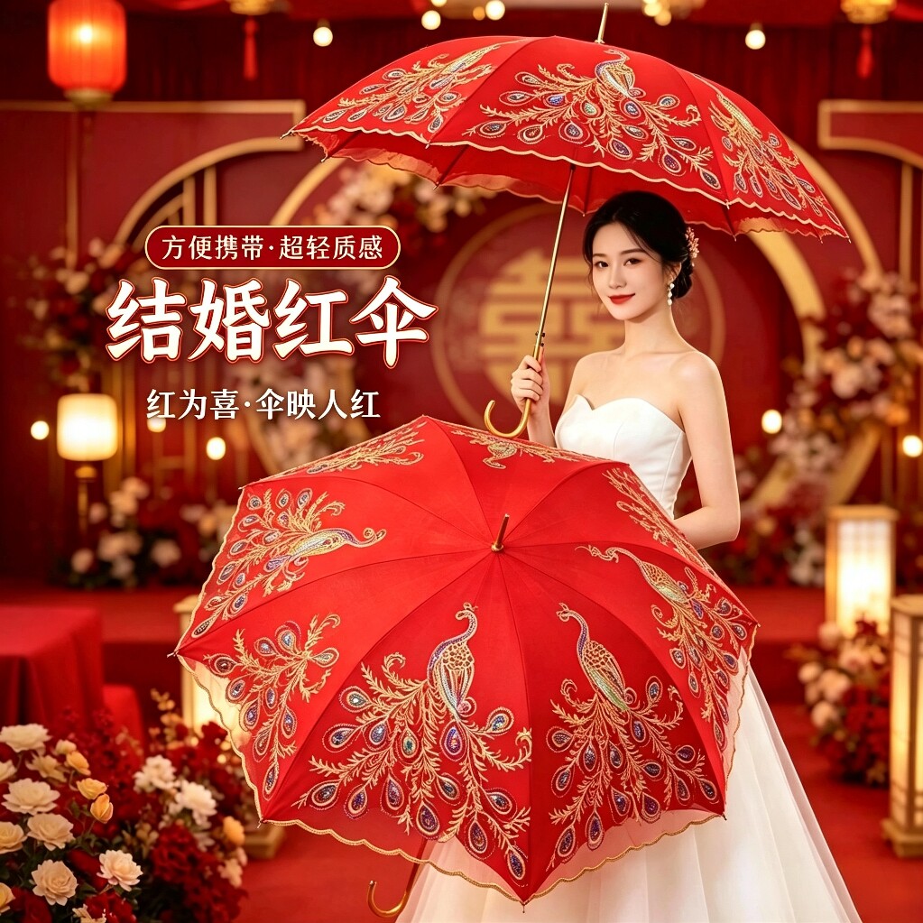 创意结婚礼纪新娘雨伞三折伞短柄女晴雨两用伞新人陪嫁蕾丝红直伞