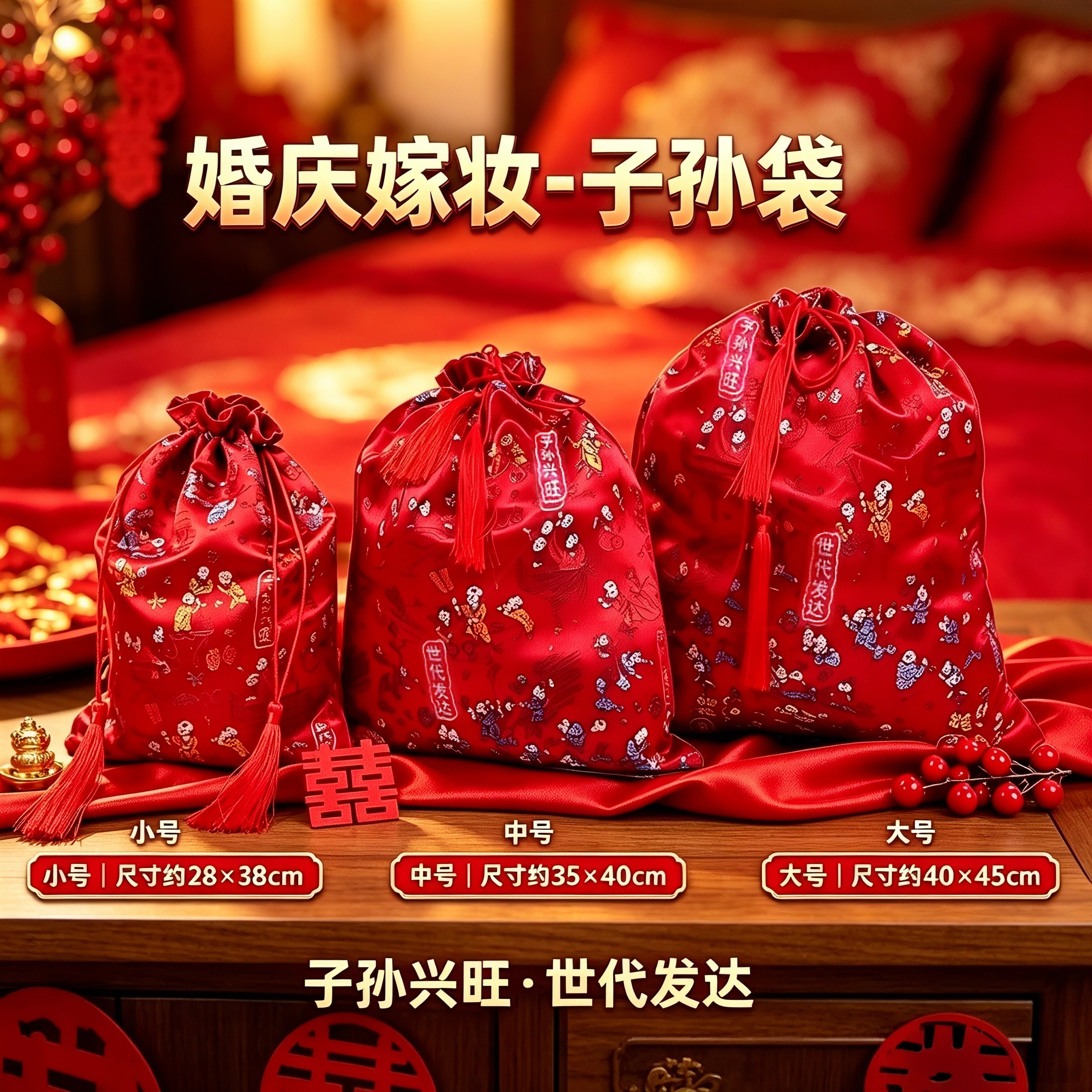 婚庆用品百子子孙袋装红枣花生桂圆莲子布艺喜糖袋结婚红色礼物袋
