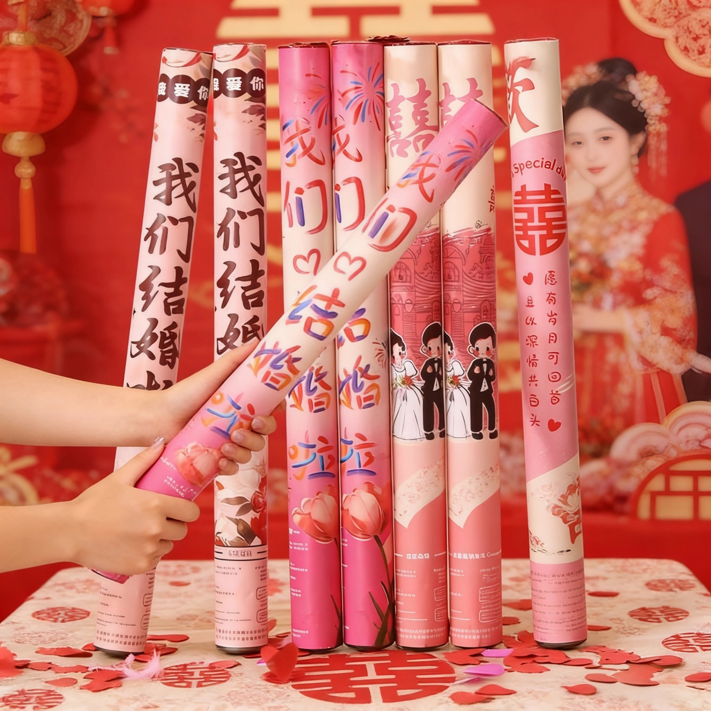 开业庆典结婚礼炮手持彩带礼宾花瓣道具庆典玫瑰礼花筒鞭炮礼泡弹