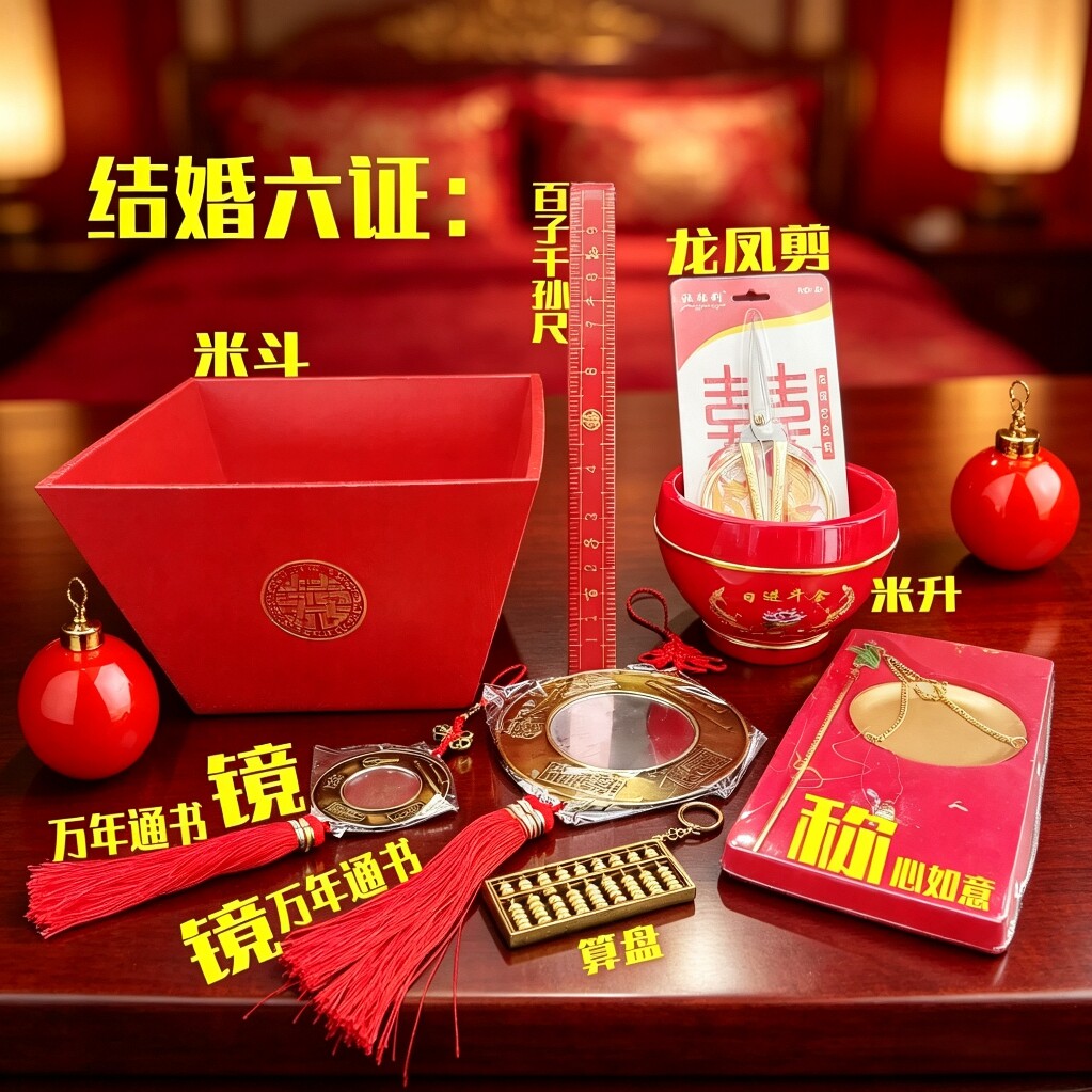 婚庆礼用品结婚新人订婚陪嫁女方嫁妆六证百子千孙尺称通书镜米升