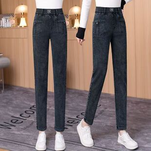 高腰加绒牛仔裤女秋冬新款百搭显瘦弹力加厚羊羔绒铅笔裤小脚长裤