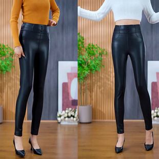 加绒大码打底裤女2025秋冬新款外穿哑光PU皮裤高腰显瘦光泽小黑裤