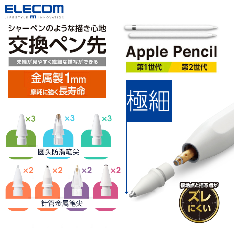 ELECOM 宜丽客 苹果Apple pencil改造针管笔尖金属电容笔头耐磨损防滑iPad手写笔尖平替透明款平板一代/二代通用