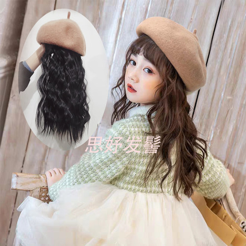 假发儿童贝雷帽子一体时尚潮流