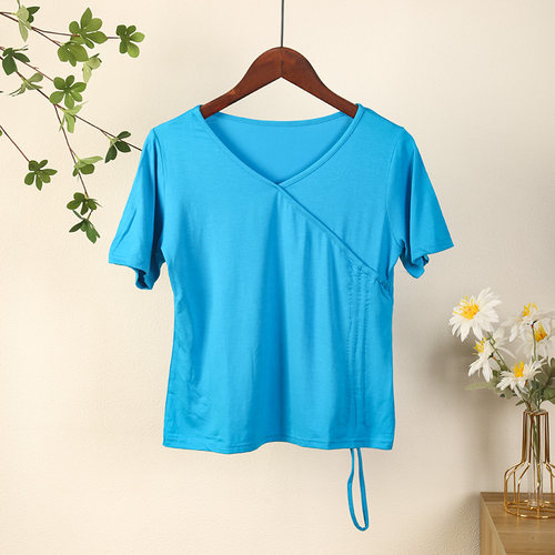 广场舞V领抽绳短袖上衣厂家直销