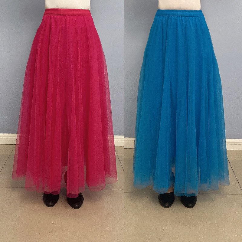 广场舞服装网纱半身裙女新款高腰百褶裙中长款跳舞裙三层大摆裙子