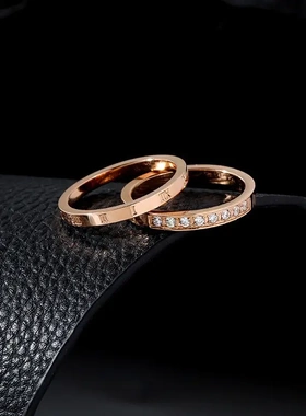 2件套】不掉色钛钢组合食指戒指镀18K玫瑰金素圈ins网红潮冷淡风