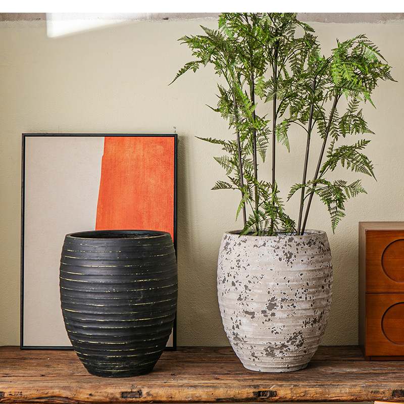 复古花壶瓶老式土陶罐镁泥花盆花器民宿侘寂风黑金刚落地装饰摆件