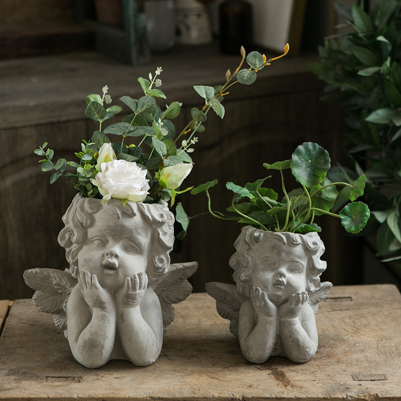 泥彩家天使水泥花盆别墅人物女孩绿植花器花园艺装饰摆件雕塑造景
