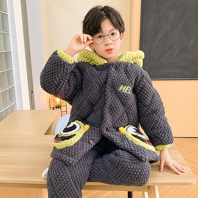 男童睡衣2025新款秋冬季加绒加厚款三层夹棉儿童珊瑚绒男孩青少年