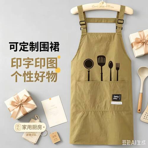网红刀叉塔丝绒防水围裙大容量前口袋厨房烹饪轻食店营业实用围兜