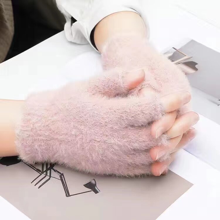 毛绒半指手套秋冬季露指头保暖手套男女学生加绒加厚仿貂毛手套