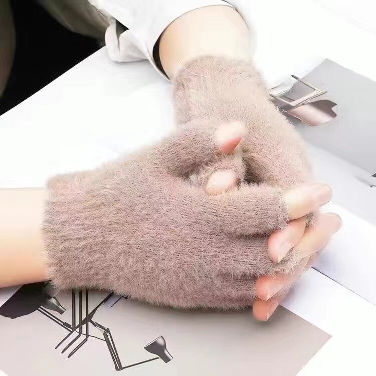 半指毛绒手套女冬季保暖露指加厚加绒男女通用学生写字翻盖手指套