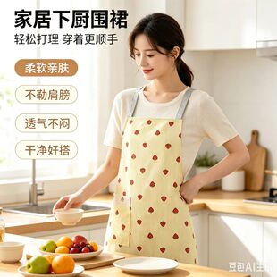 清新草莓印花挂脖围裙防水防油家用厨房做饭围腰可爱少女款工作服