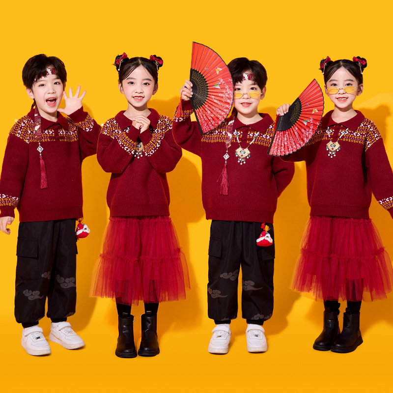 元旦儿童演出服中国风汉服红色喜庆合唱表演服拜年服幼儿园舞蹈服,童装/婴儿装/亲子装,汉服,淘宝优惠券,粉丝福利购,淘宝优惠卷