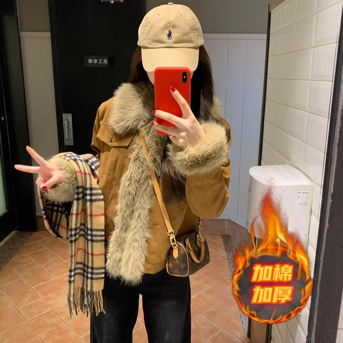 新款美拉德牛仔复古棕色韩系外套女秋冬加厚短款拼接毛毛上衣棉服