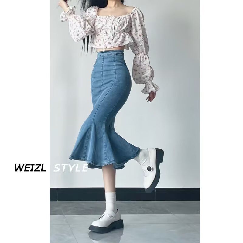 辣妹高腰牛仔鱼尾开叉半身裙