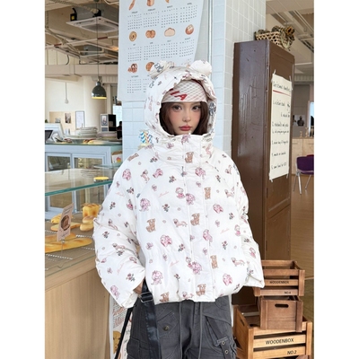 美式小狗满印耳朵连帽短款棉服女冬季加厚保暖面包服外套2025新款