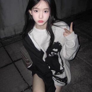 忧郁 潮 富二代针织人画毛衣潮牌ins男女情侣复古宽松套头针织衫