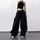 抽绳宽松百搭长裤 街头休闲裤 黑色撞色条纹阔腿裤 新款 女2026春秋季
