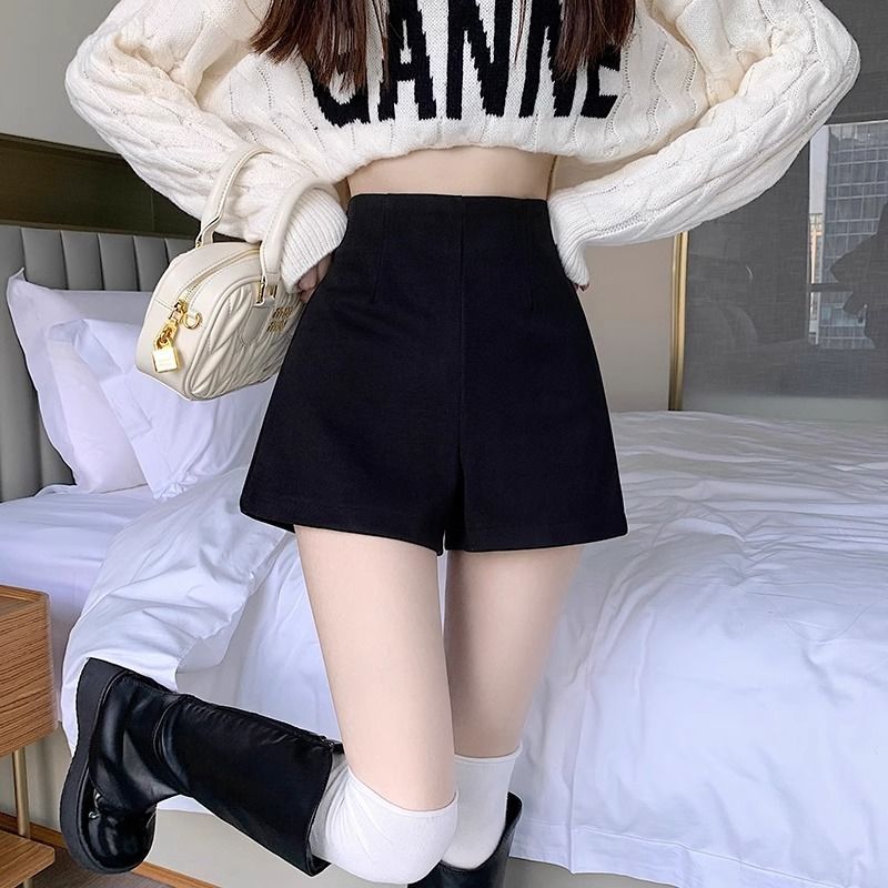 黑色西装短裤女秋冬加绒外穿高腰显瘦弹力a字下半身失踪打底靴裤