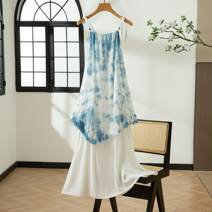 云南手工扎染波西米亚民族风不规则假两件拼接镂空勾花吊带连衣裙