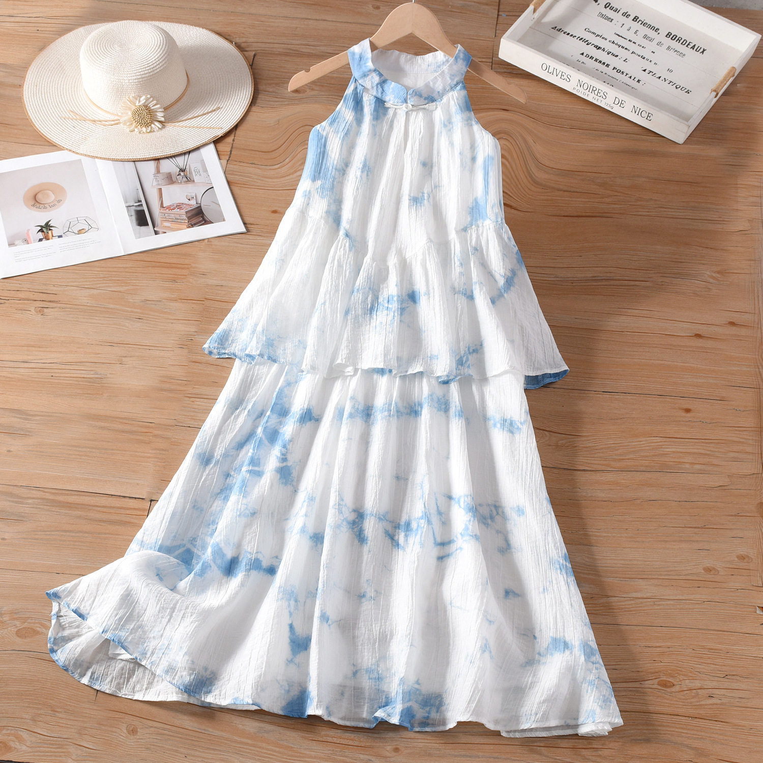 云南手工扎染法式茶歇挂脖连衣裙新款夏女装超仙气海边度假风裙子