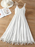 Seaside vacation style hook flower cutout halter dress for women, summer waist-cinching and slimming white V-neck tassel large swing dress thumbnail 3