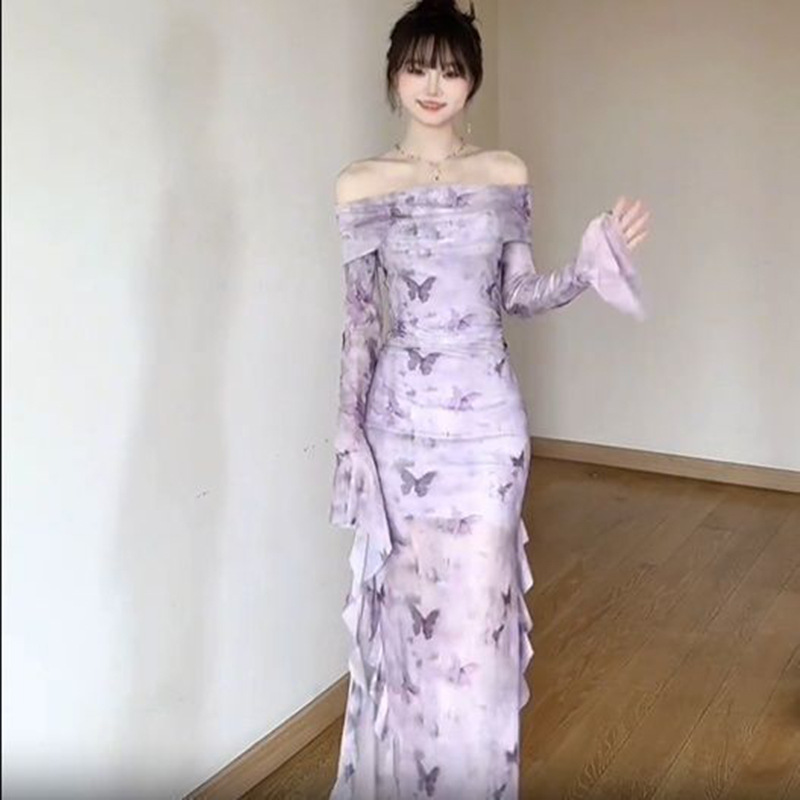 新中式一字肩网纱长袖连衣裙女夏季性感修身包臀鱼尾礼服旗袍
