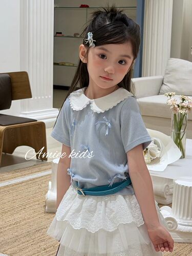 2026年夏装女童韩版百搭蝴蝶结T桖女孩洋气宽松学院风半身裙套装