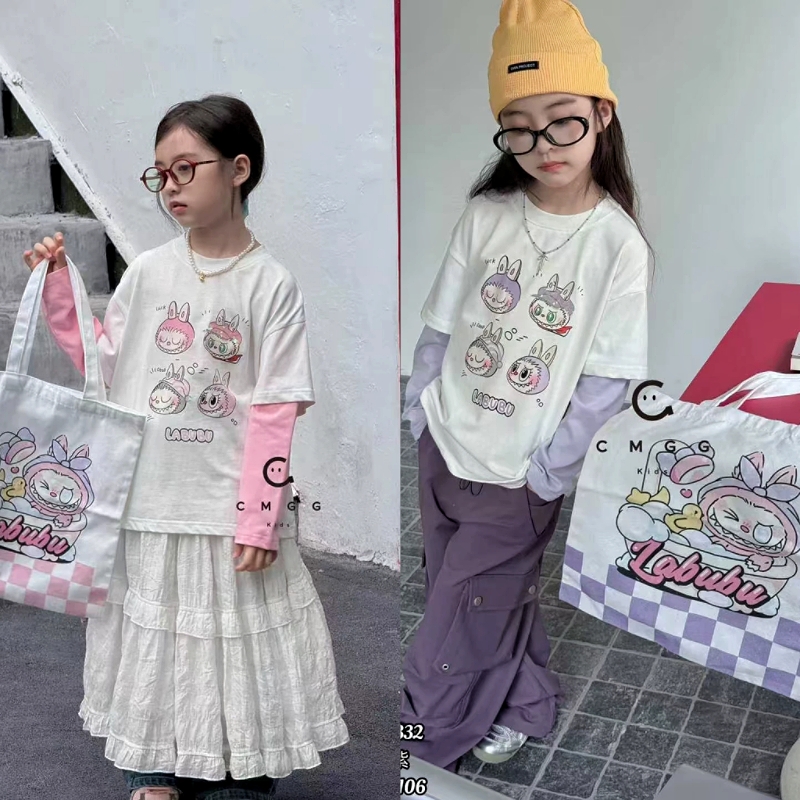 2025年秋冬新童装女童卡通印花拼色拉布布长袖T桖送包包紫色粉色