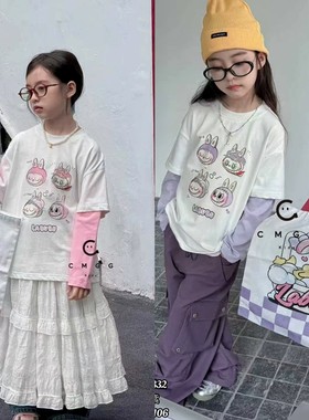2025年秋冬新童装女童卡通印花拼色拉布布长袖T桖送包包紫色粉色