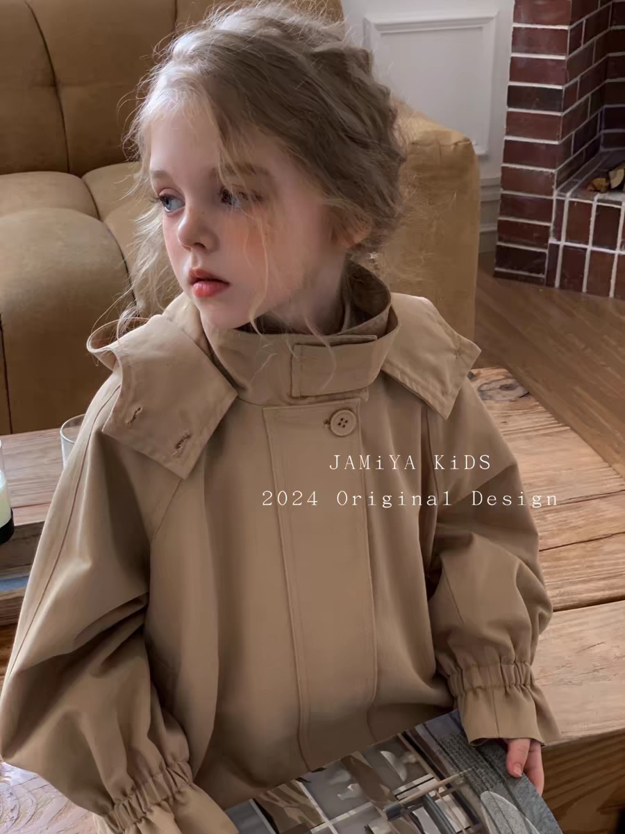Ja2024秋冬新款女童复古时尚洋气斗篷式宽松休闲连帽风衣外套