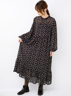 日本原单新款雪纺荷叶边漂亮郁金香花纹垂感甜美款女款长袖连衣裙