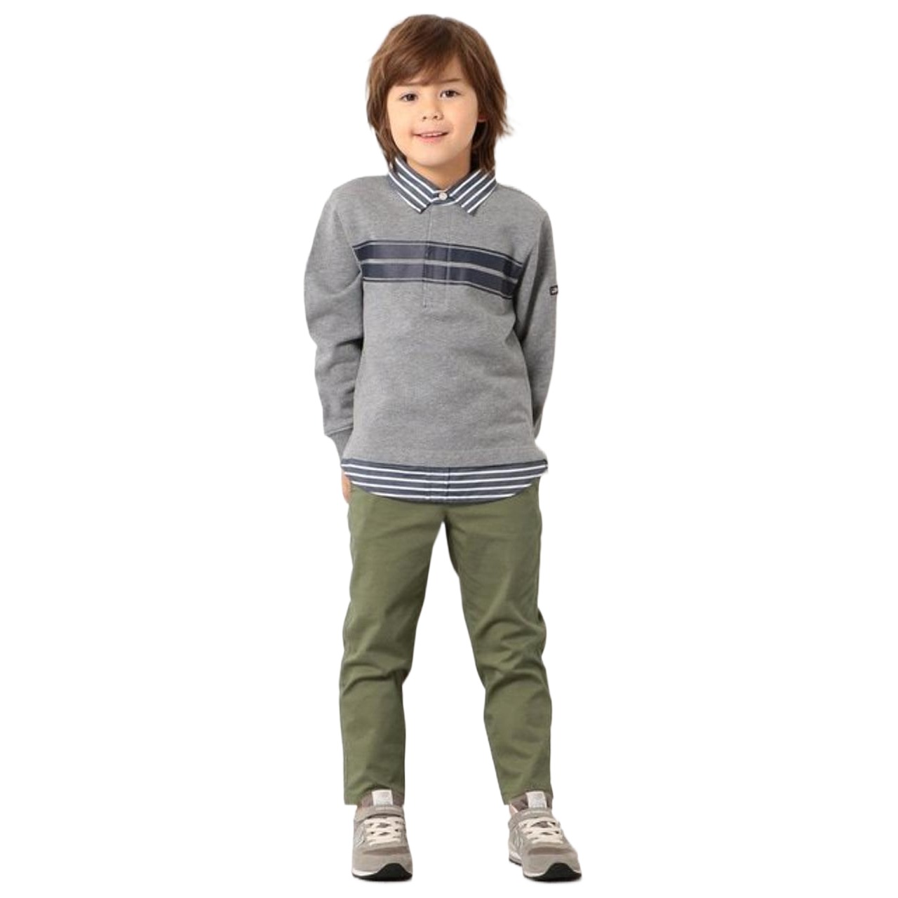 新款日本童装假两件全棉细致条纹学院风翻领衬衫领长袖童装POLO衫