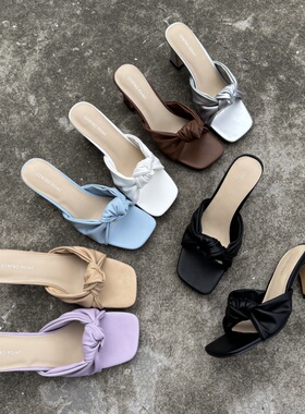 外贸大码鞋法式复古绳结高跟鞋新款夏配裙子粗跟方头一字拖鞋凉拖