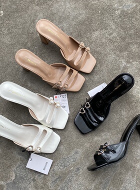 外贸大码鞋8cm夏新款爱心水钻一字带高跟拖鞋外穿方头粗跟凉拖鞋