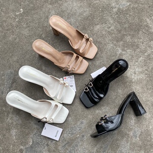 外贸大码鞋8cm夏新款爱心水钻一字带高跟拖鞋外穿方头粗跟凉拖鞋