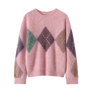 羊绒衫 女100纯羊绒拉绒菱形格宽松加厚重磅手绣拉毛针织毛衣外套