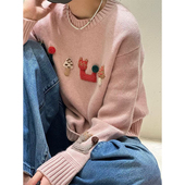 欧货高端羊绒衫 女100纯羊绒重工加厚秋冬圆领宽松刺绣猫针织毛衣