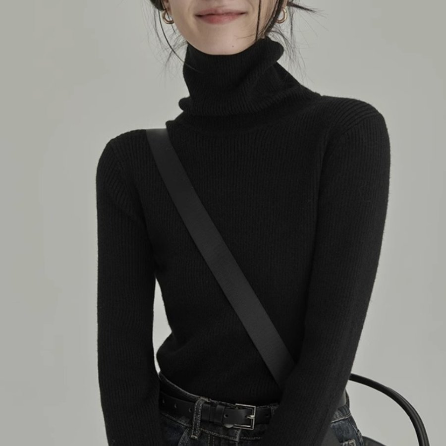 法式黑色高领针织打底衫女秋冬季高级感配大衣内搭堆堆领薄款毛衣