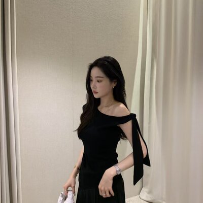 已出  气质曲珠针织夏季路肩斜领绑带短袖T恤上衣