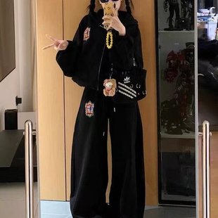 女秋冬洋气减龄少年感加绒卫衣阔腿裤 慵懒风休闲运动服套装 两件套