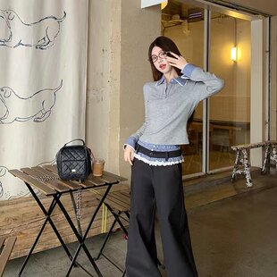 175高个子加长拼接花边裤子女春季双腰头假两件西装裤宽松休闲裤