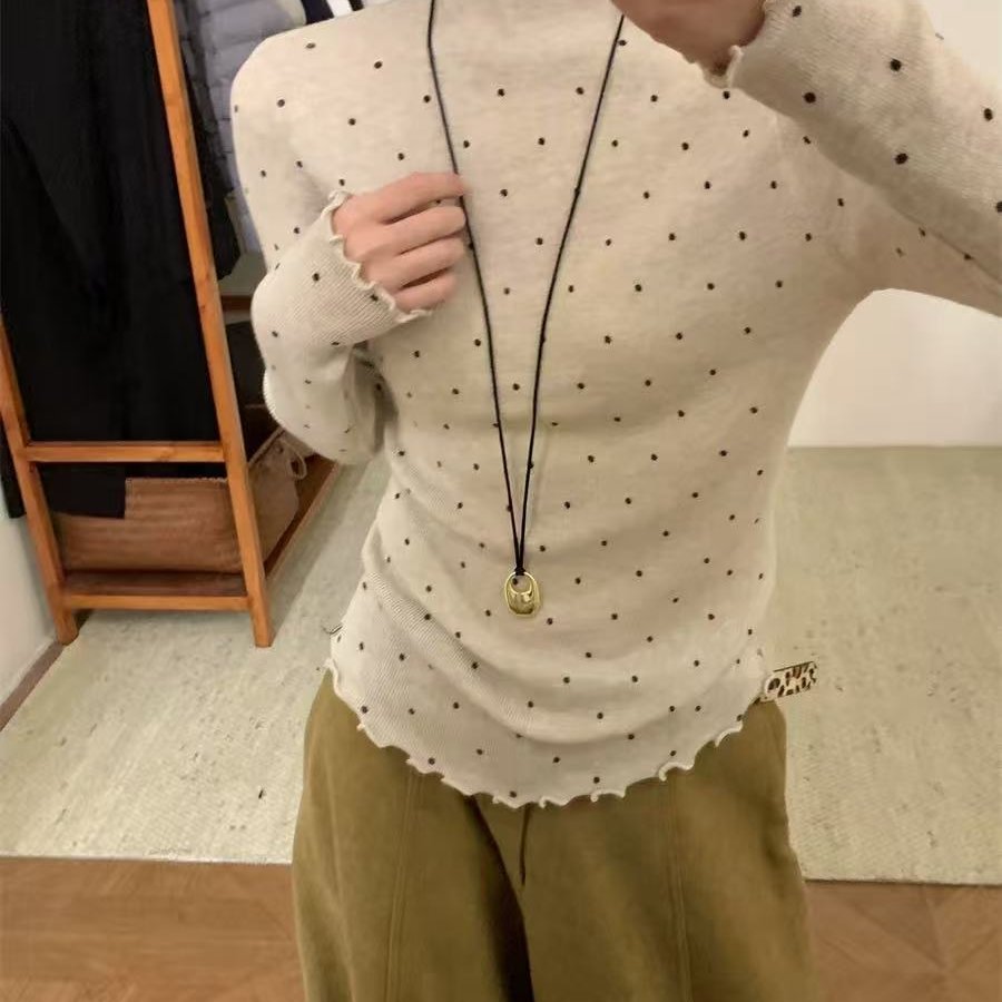半高领波点打底衫2025冬季新款韩版修身显瘦百搭款上衣内搭女