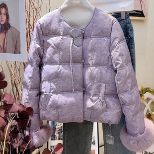 新中式高级感狐狸毛袖羽绒服女2025年冬季新款提花减龄白鸭绒外套