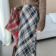 实拍格子毛呢半身裙女秋冬新款高腰显瘦A字裙直筒开叉中长裙